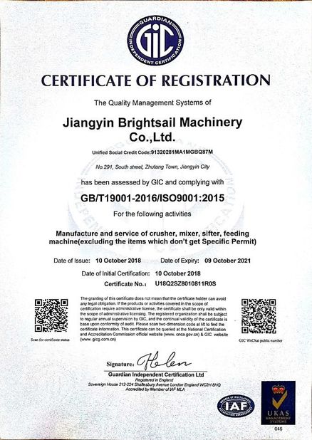 China Jiangyin Brightsail Machinery Co.,Ltd. Zertifizierungen